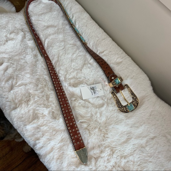 Men's West Star Texas Leather Bling Belt with Blue Crystal Conchos Size Large - Picture 7 of 11